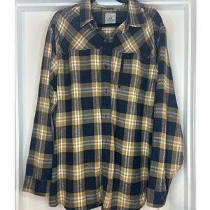 Ascend Mens 2XL Plaid Flannel Button Down Shirt Navy Yellow Stretch Zip Pocket